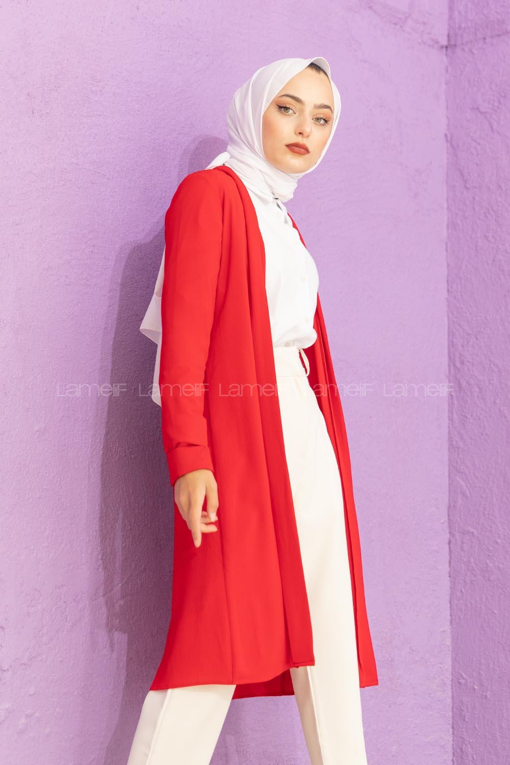 Modalamelif Kol Katlı Krep Uzun Hırka Kırmızı