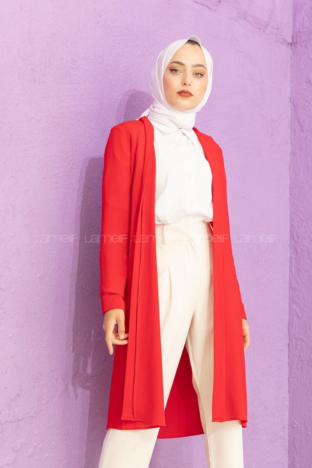 Modalamelif Kol Katlı Krep Uzun Hırka Kırmızı