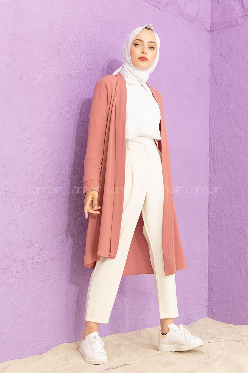 Modalamelif Kol Katlı Krep Uzun Hırka Pudra