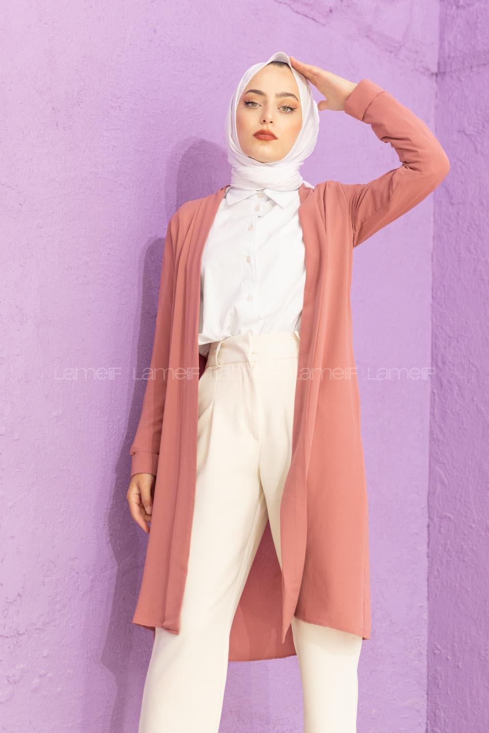 Modalamelif Kol Katlı Krep Uzun Hırka Pudra