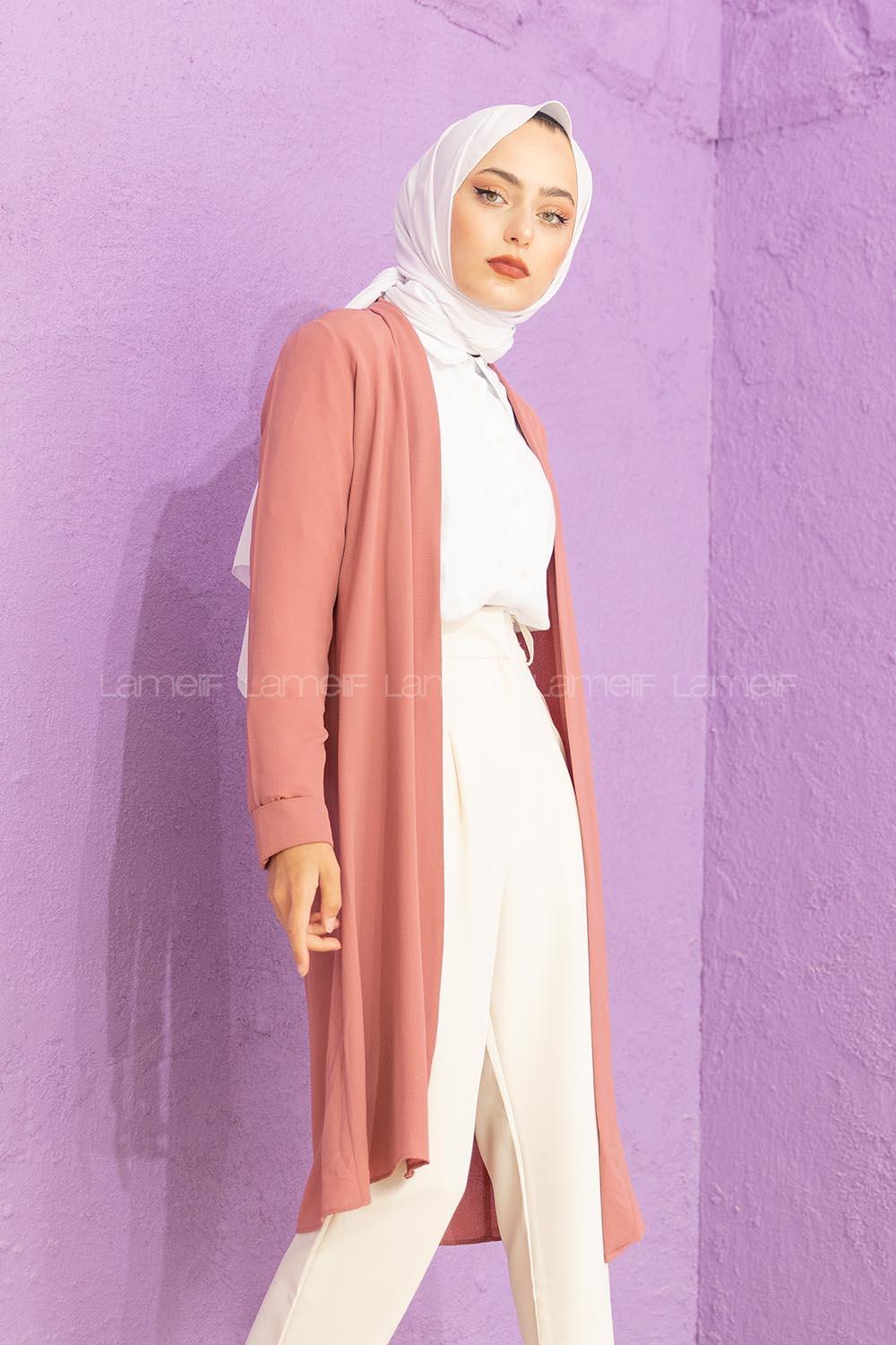 Modalamelif Kol Katlı Krep Uzun Hırka Pudra