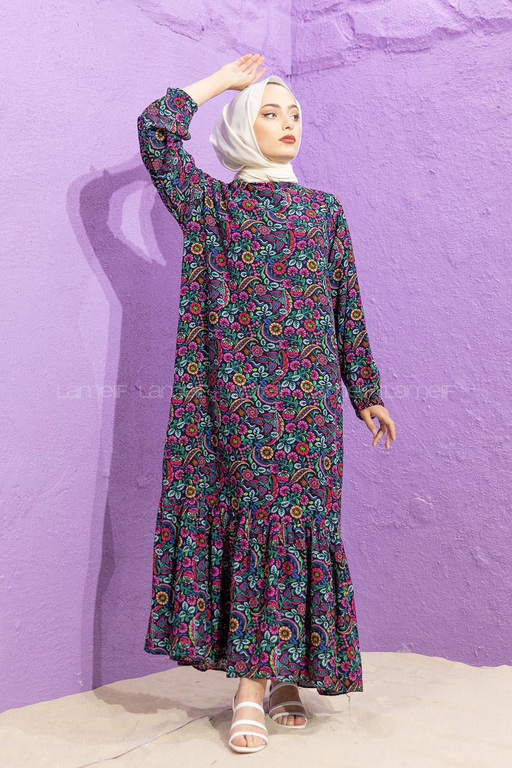 Modalamelif Kol Lastikli Desenli Elbise Fuşya