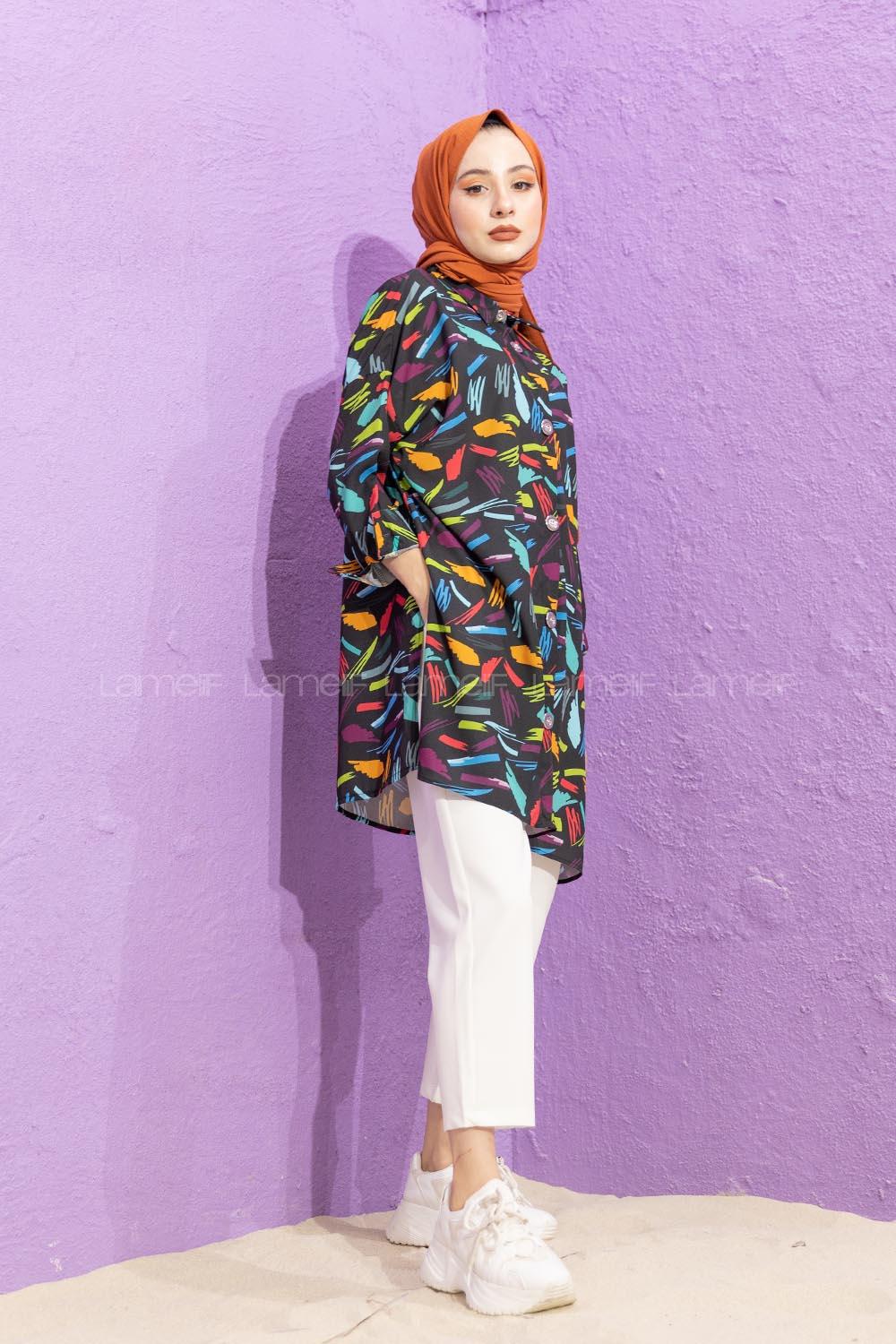 Modalamelif Soyut Desen Gömlek Siyah Mor