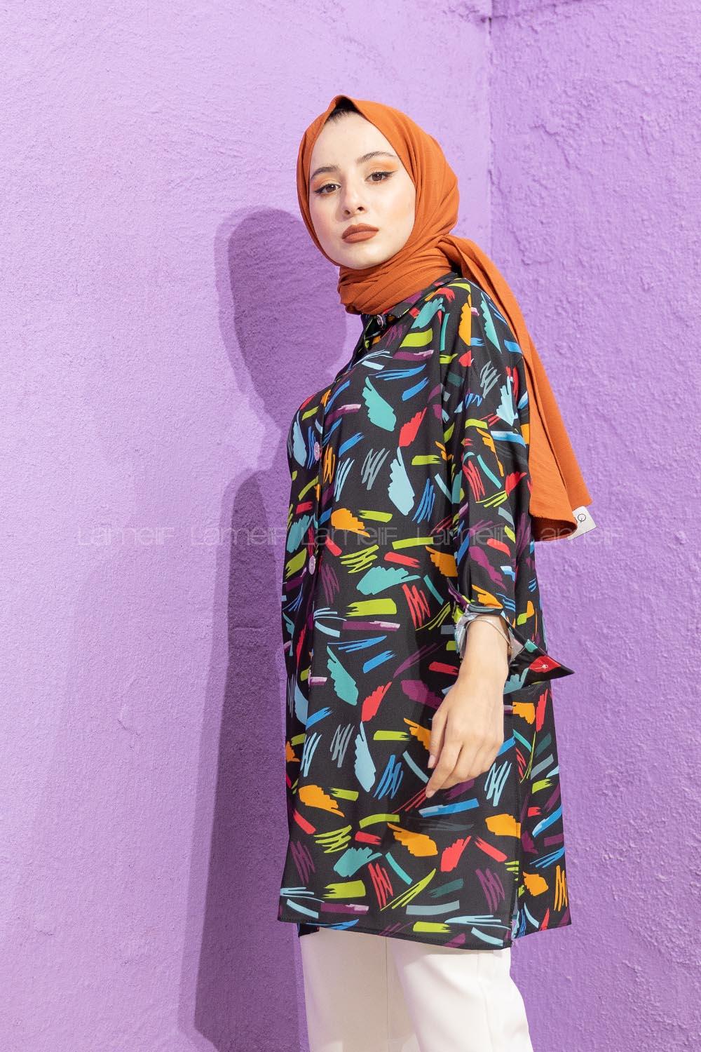 Modalamelif Soyut Desen Gömlek Siyah Mor