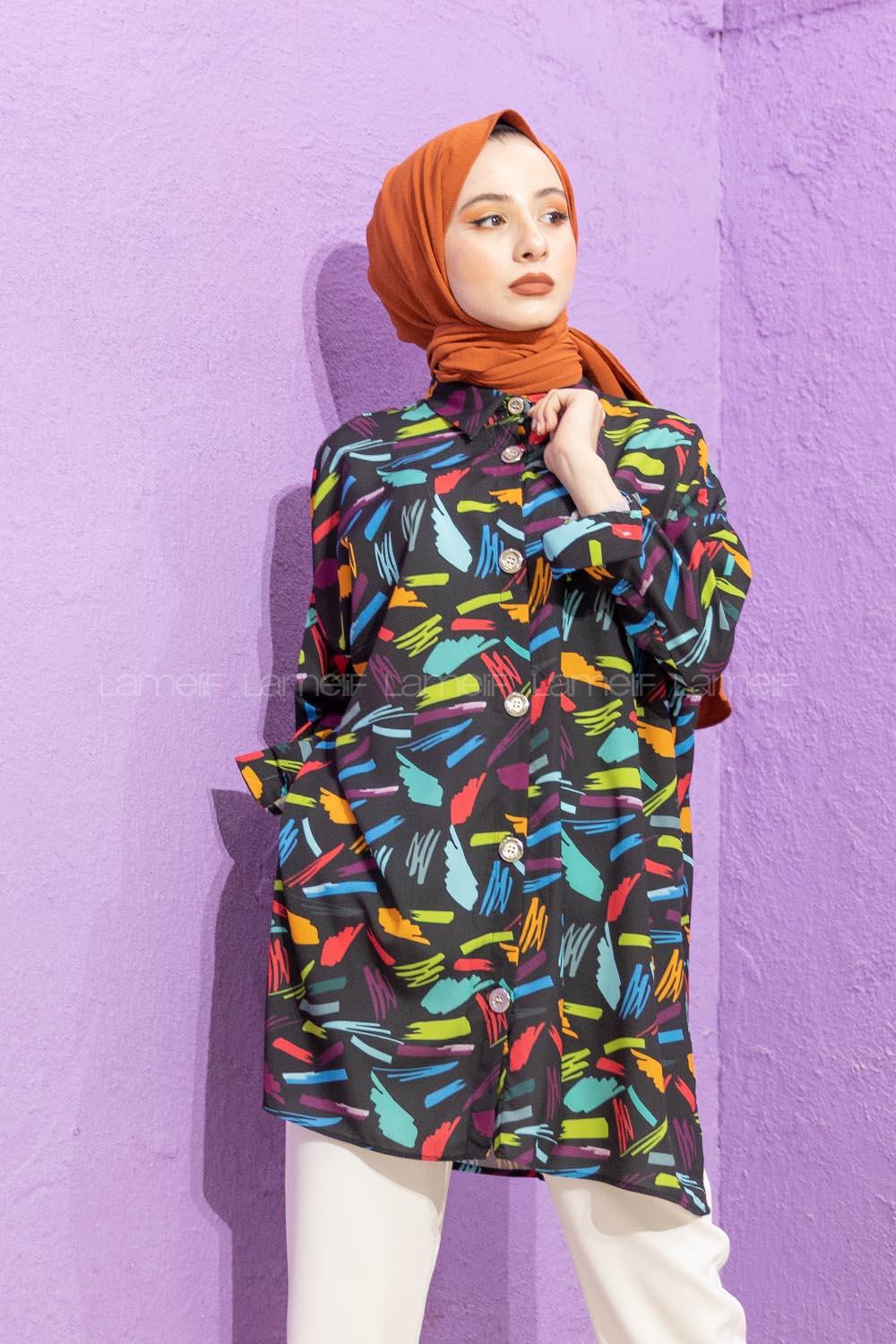 Modalamelif Soyut Desen Gömlek Siyah Mor