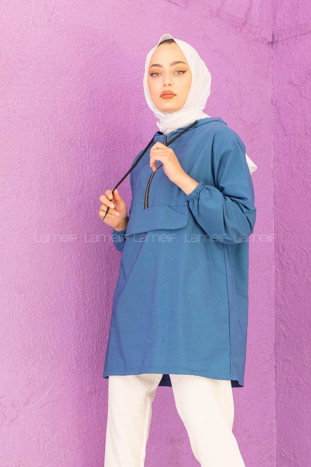 Modalamelif  Arma Baskılı Kapşonlu Tunik İndigo