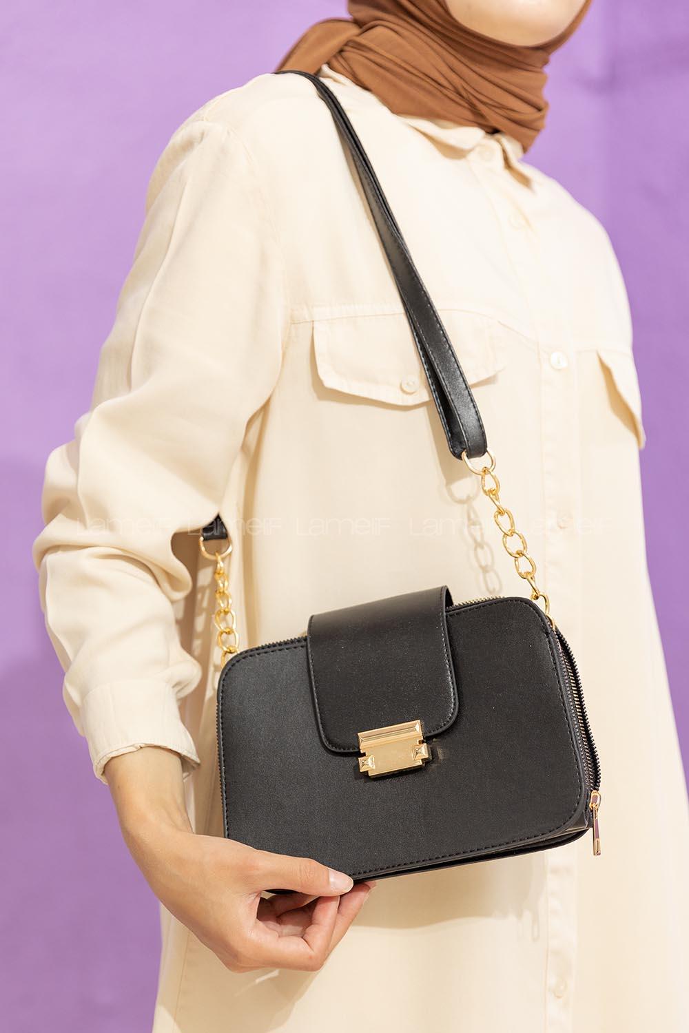 Modalamelif Kapak Kilitli Çapraz Çanta Siyah