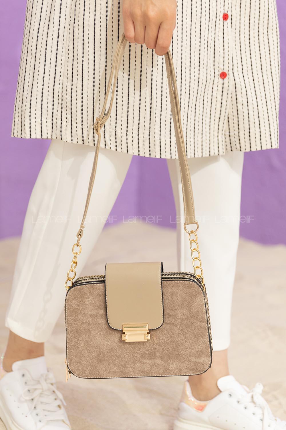 Modalamelif Kapak Kilitli Çapraz Çanta Vizonrengi