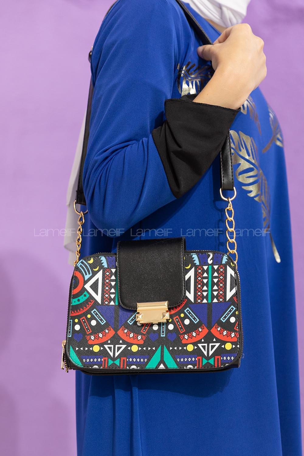 Modalamelif Kapak Kilitli Popart Çapraz Çanta Siyah