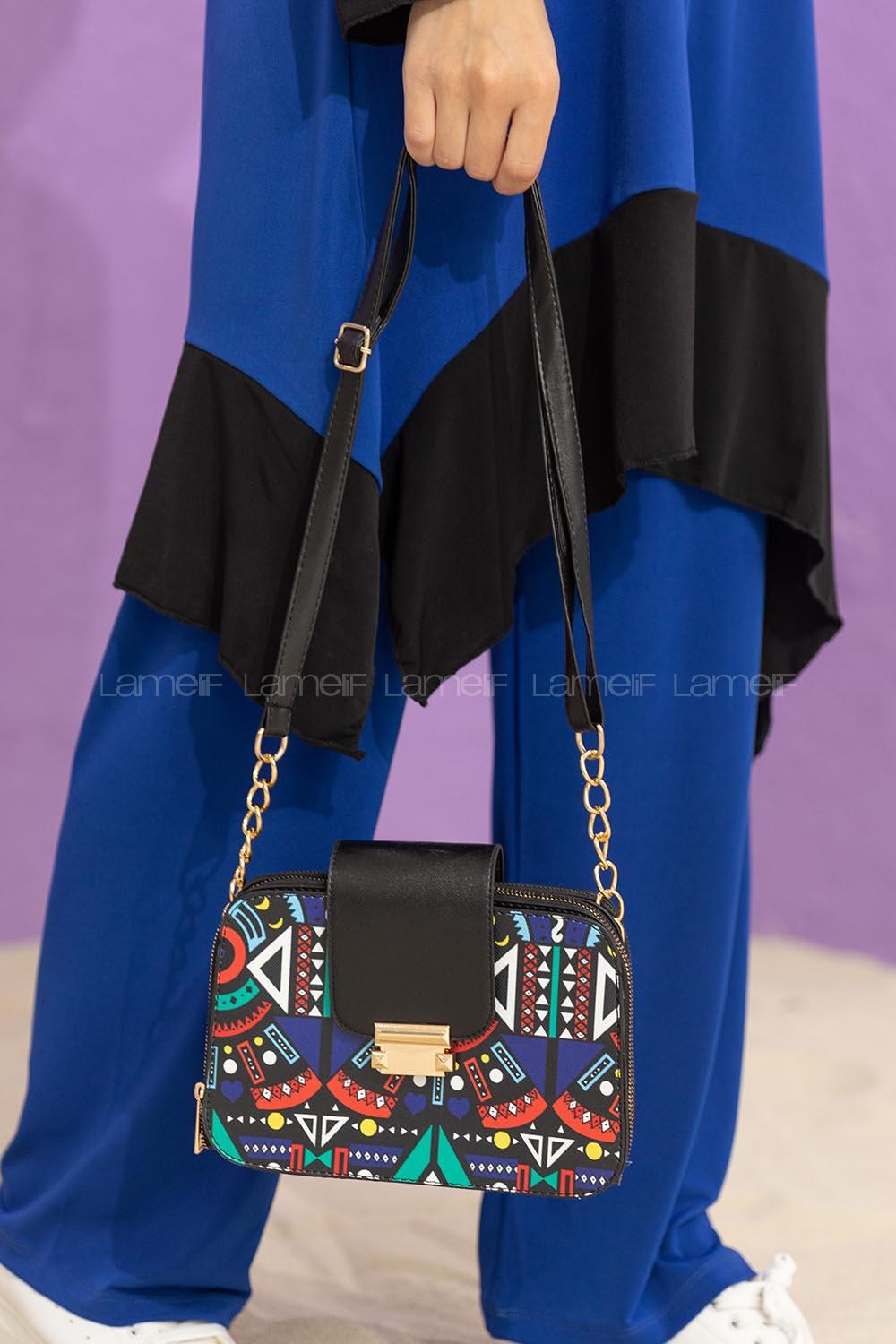 Modalamelif Kapak Kilitli Popart Çapraz Çanta Siyah