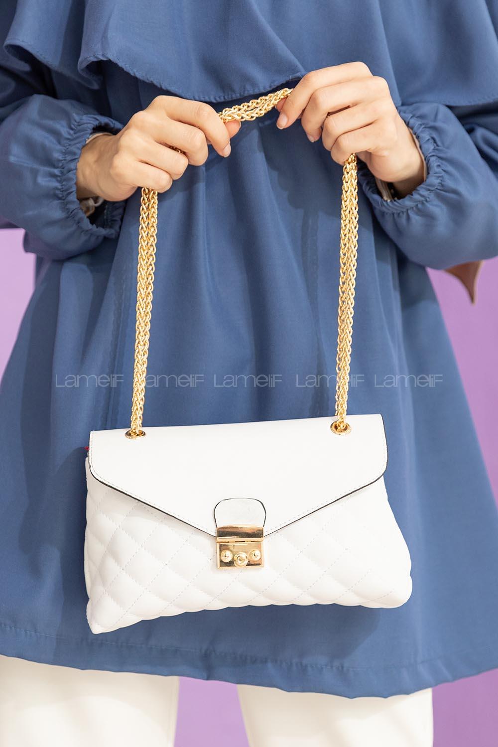 Modalamelif Zincir Askılı Dikişli Çapraz Çanta Beyaz