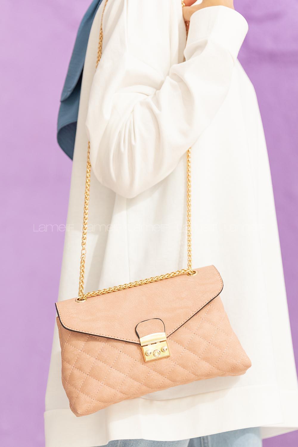 Modalamelif Zincir Askılı Dikişli Çapraz Çanta Krem