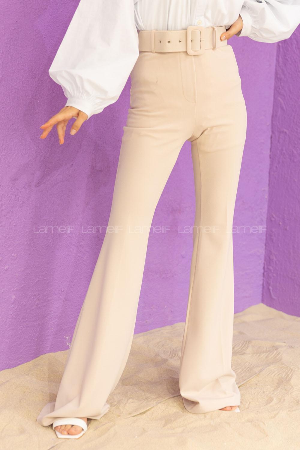 Modalamelif Geniş Kemerli İspanyol Paça Pantolon Krem