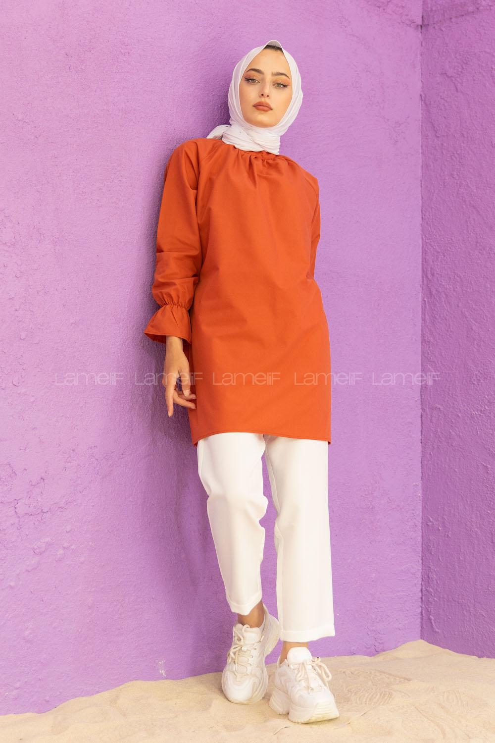 Modalamelif Kol Lastikli Hakim Yaka Tunik Kiremit