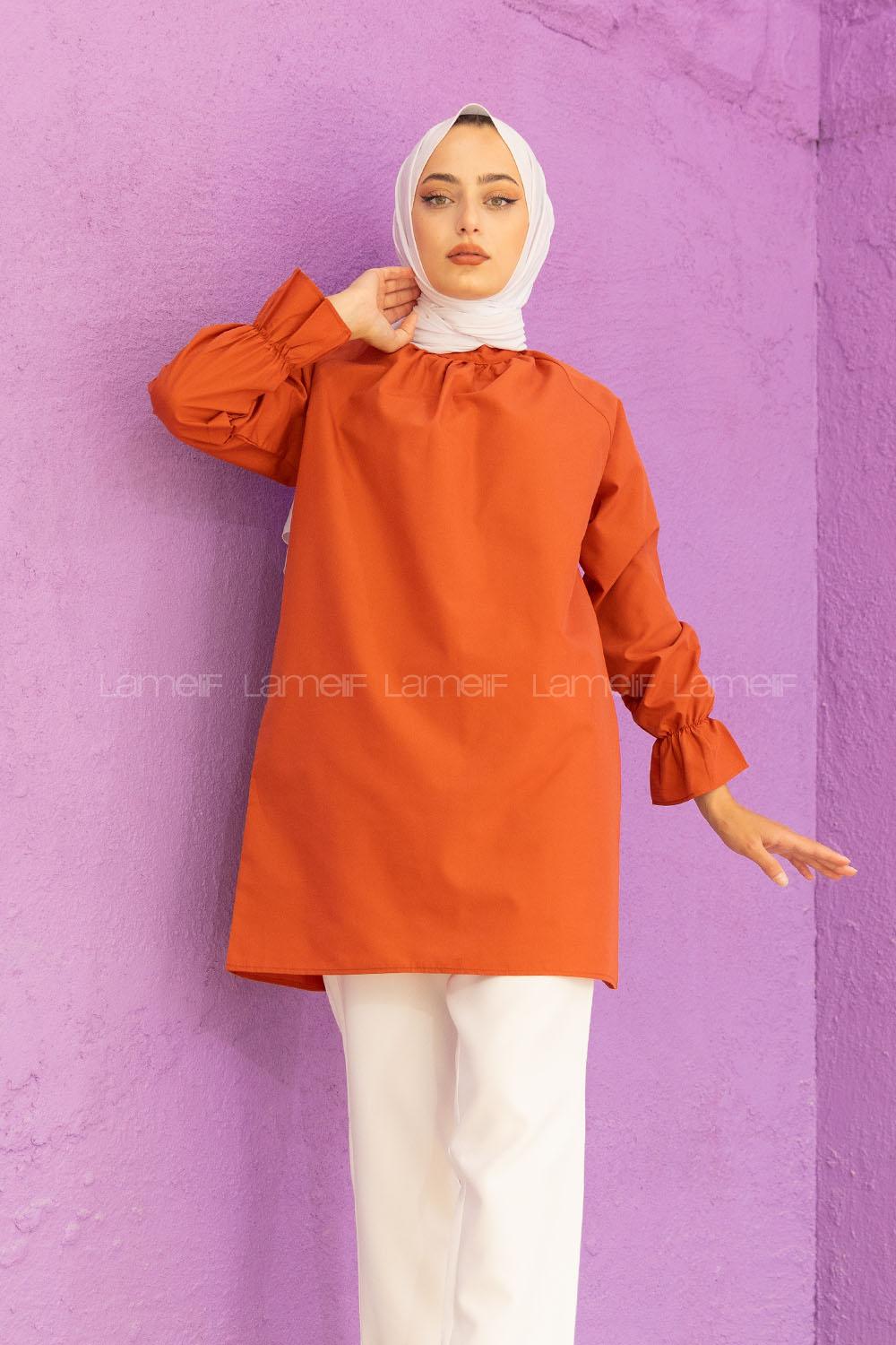 Modalamelif Kol Lastikli Hakim Yaka Tunik Kiremit