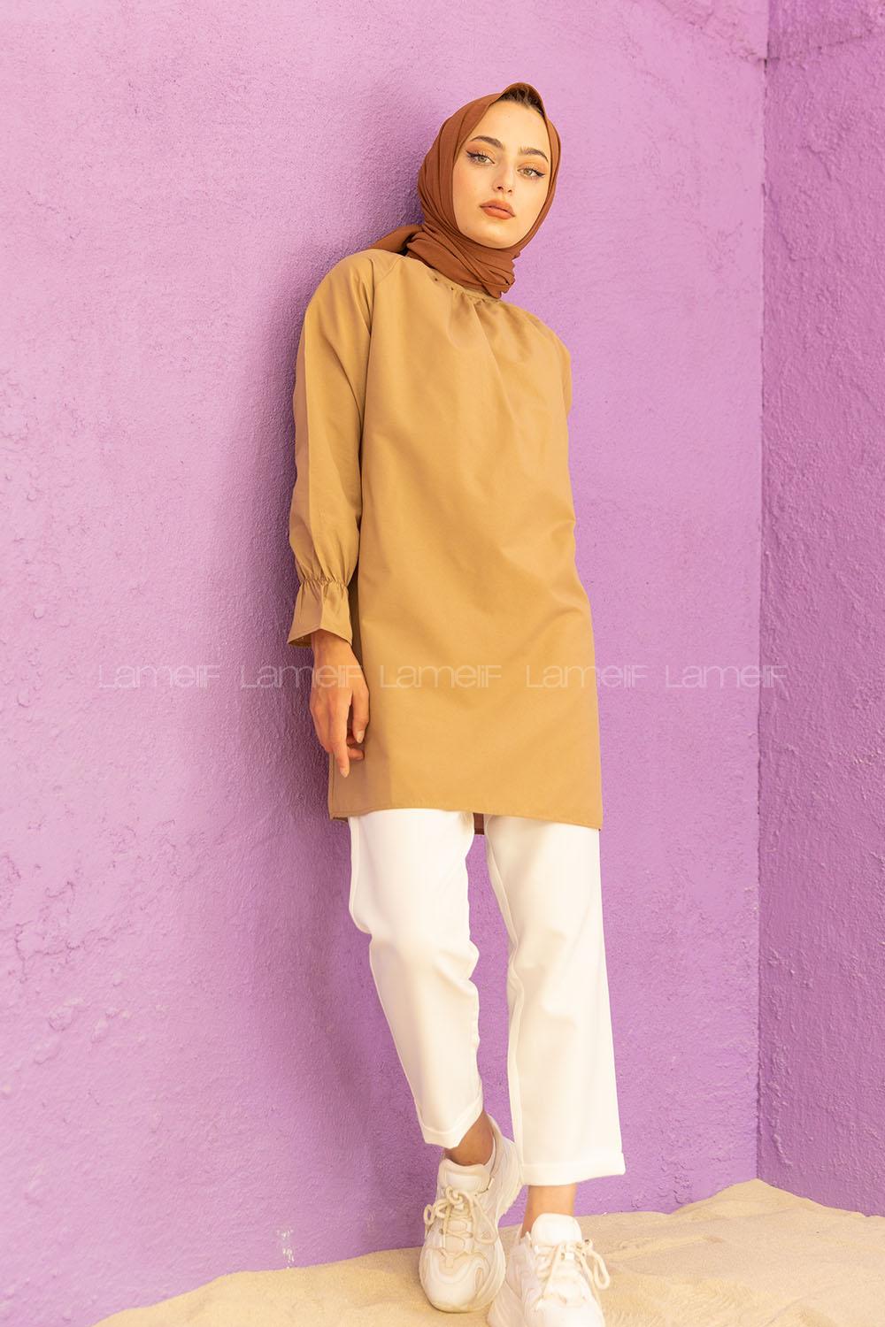 Modalamelif Kol Lastikli Hakim Yaka Tunik Sütlü Kahve