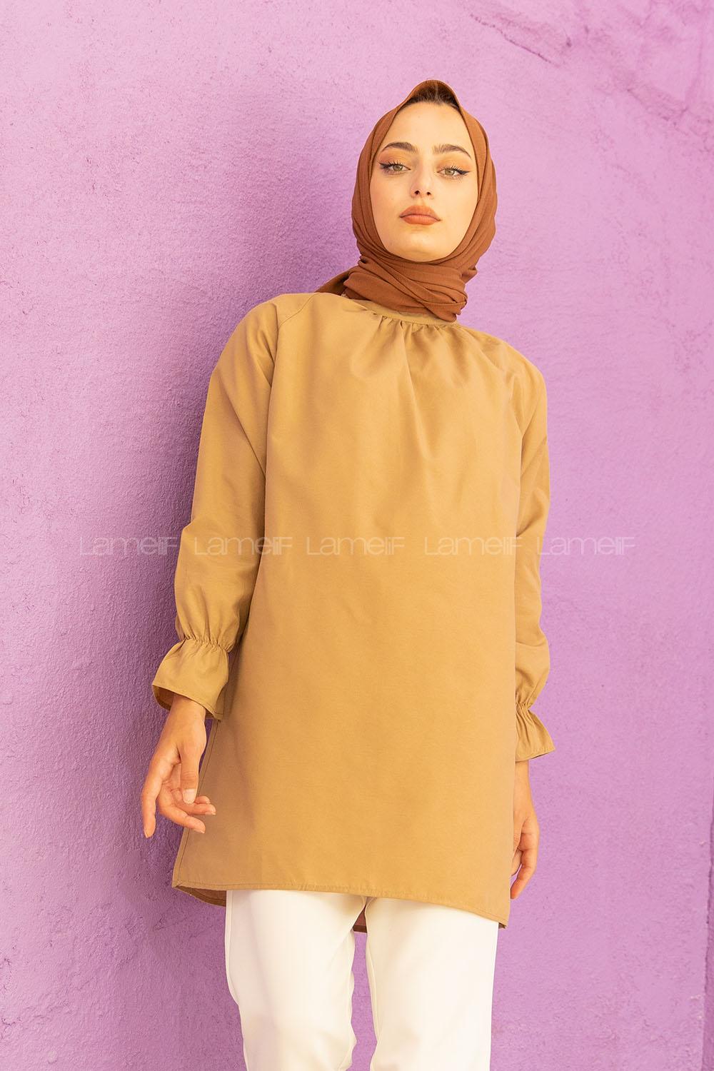 Modalamelif Kol Lastikli Hakim Yaka Tunik Sütlü Kahve