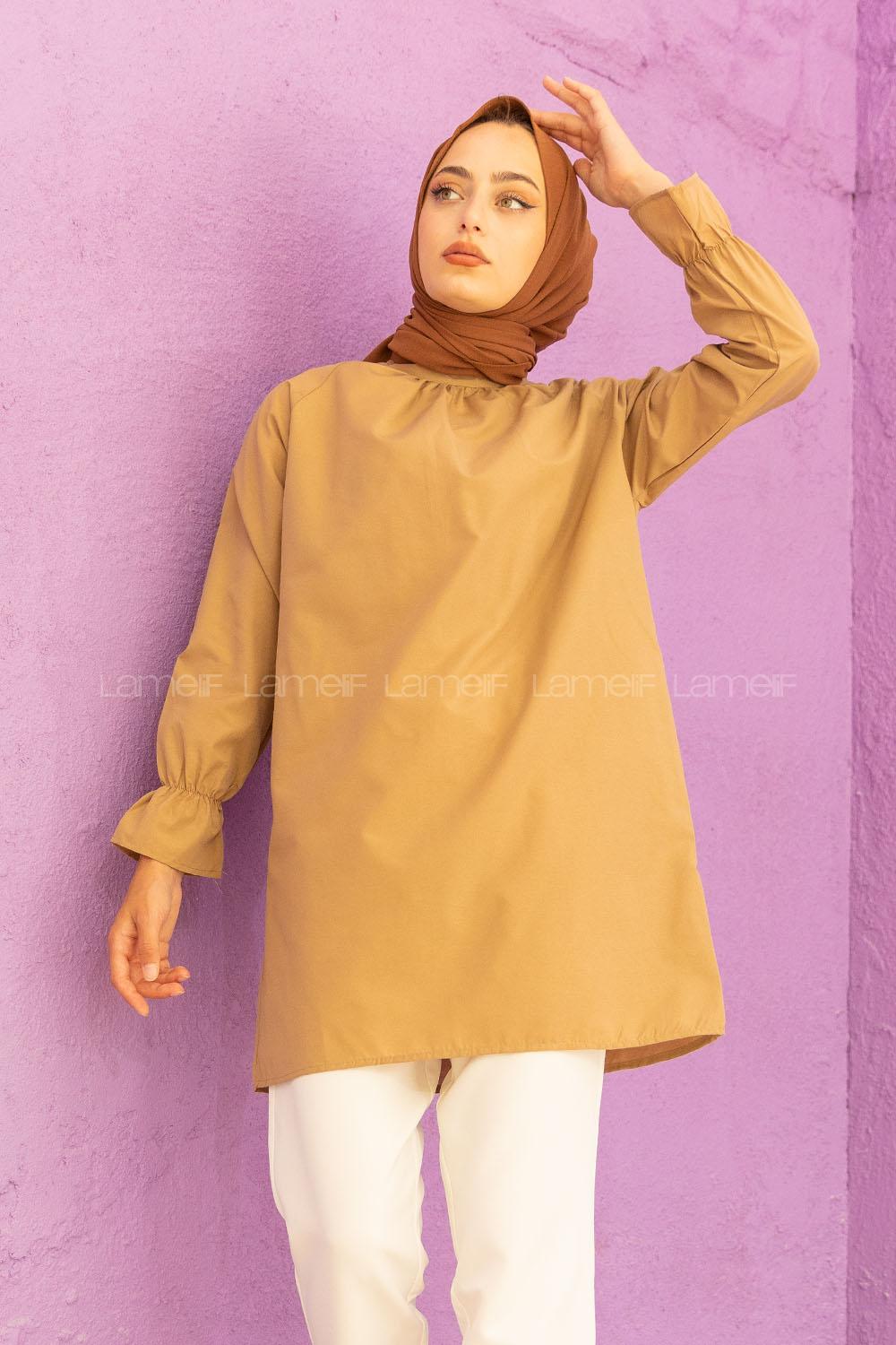 Modalamelif Kol Lastikli Hakim Yaka Tunik Sütlü Kahve