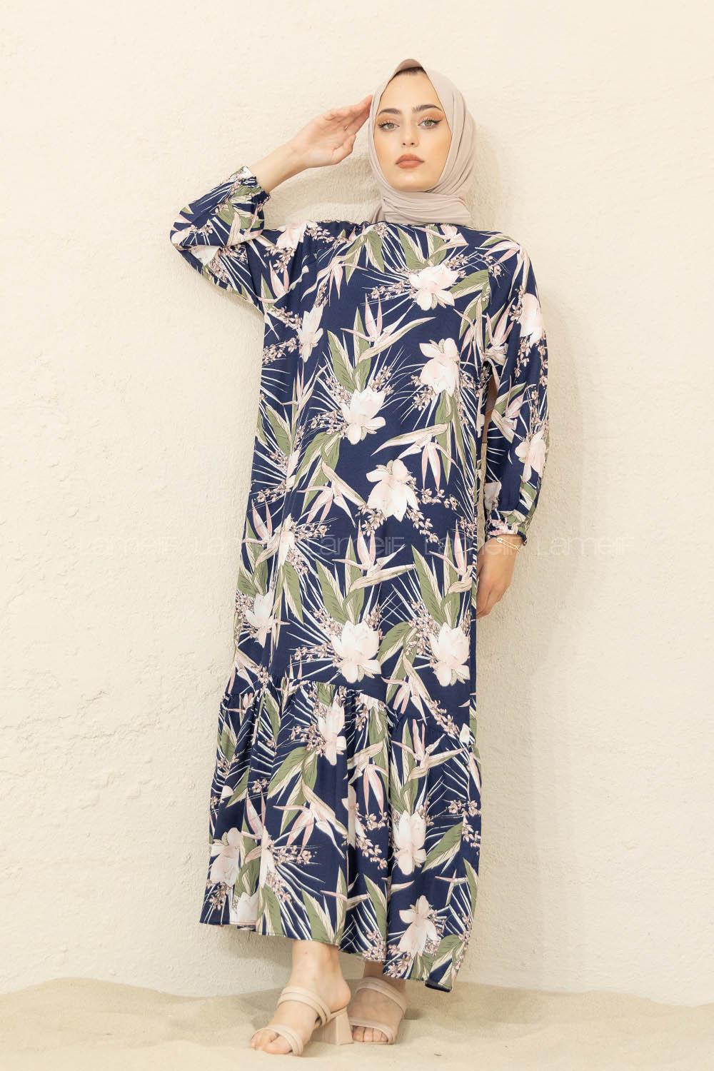 Modalamelif Balon Kol Yaprak Desenli Elbise Lacivert