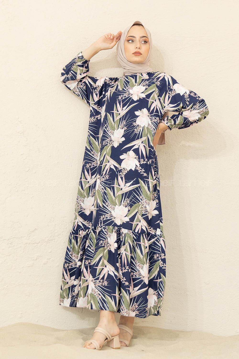 Modalamelif Balon Kol Yaprak Desenli Elbise Lacivert