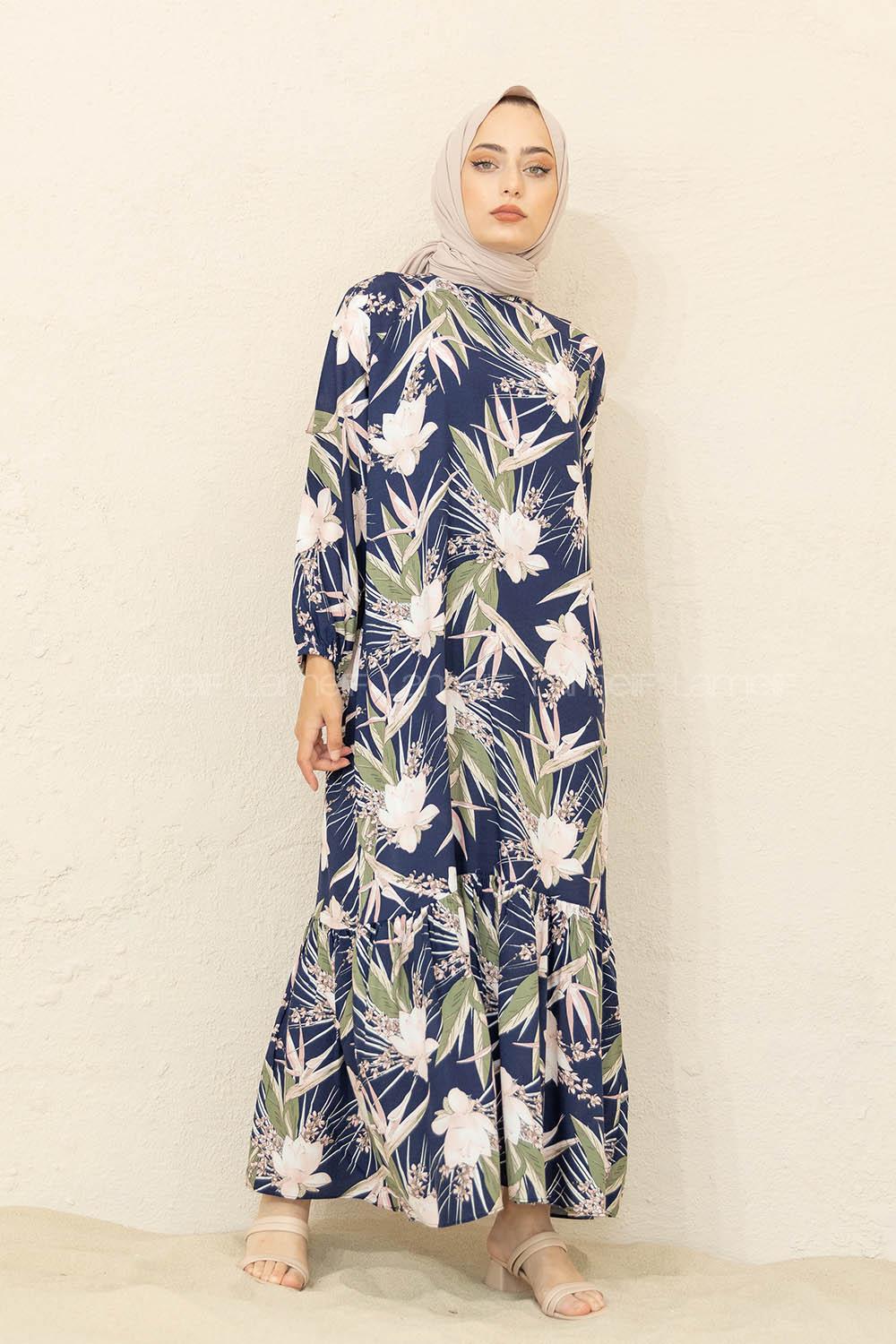 Modalamelif Balon Kol Yaprak Desenli Elbise Lacivert