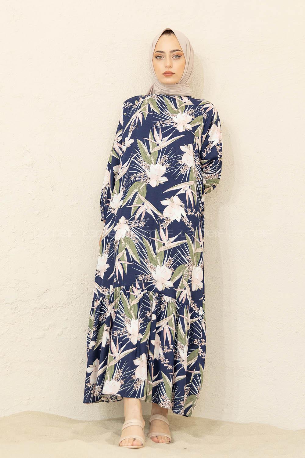 Modalamelif Balon Kol Yaprak Desenli Elbise Lacivert