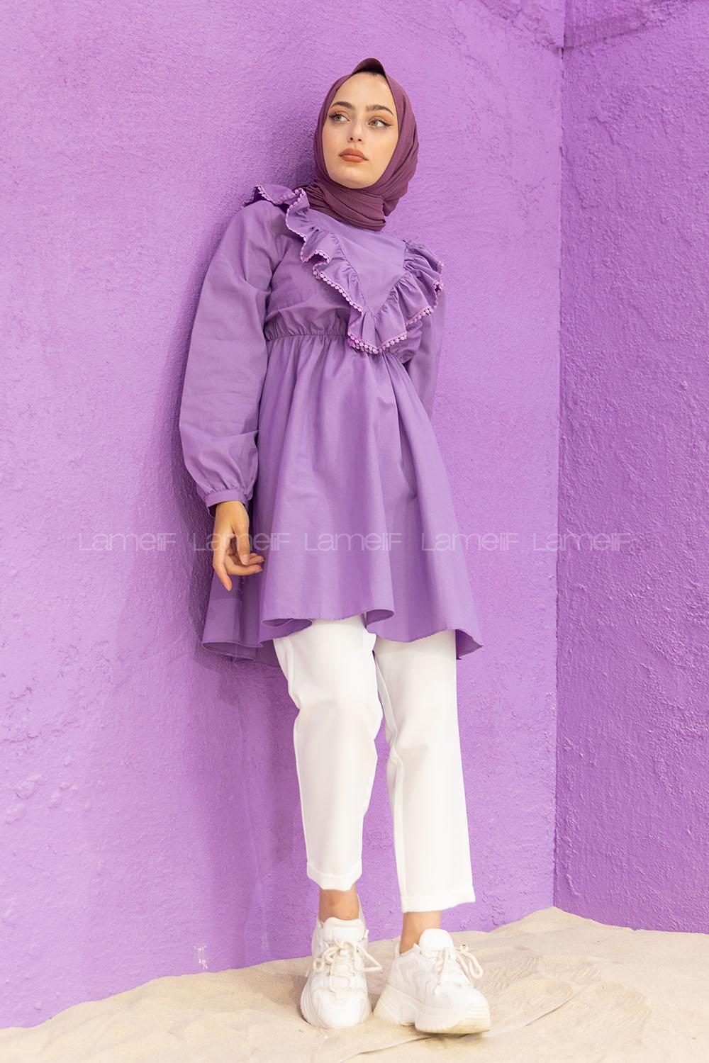 Modalamelif Beli Lastikli Fırfır Dantel Tunik Lila