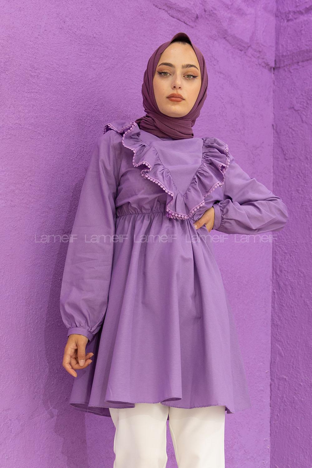 Modalamelif Beli Lastikli Fırfır Dantel Tunik Lila