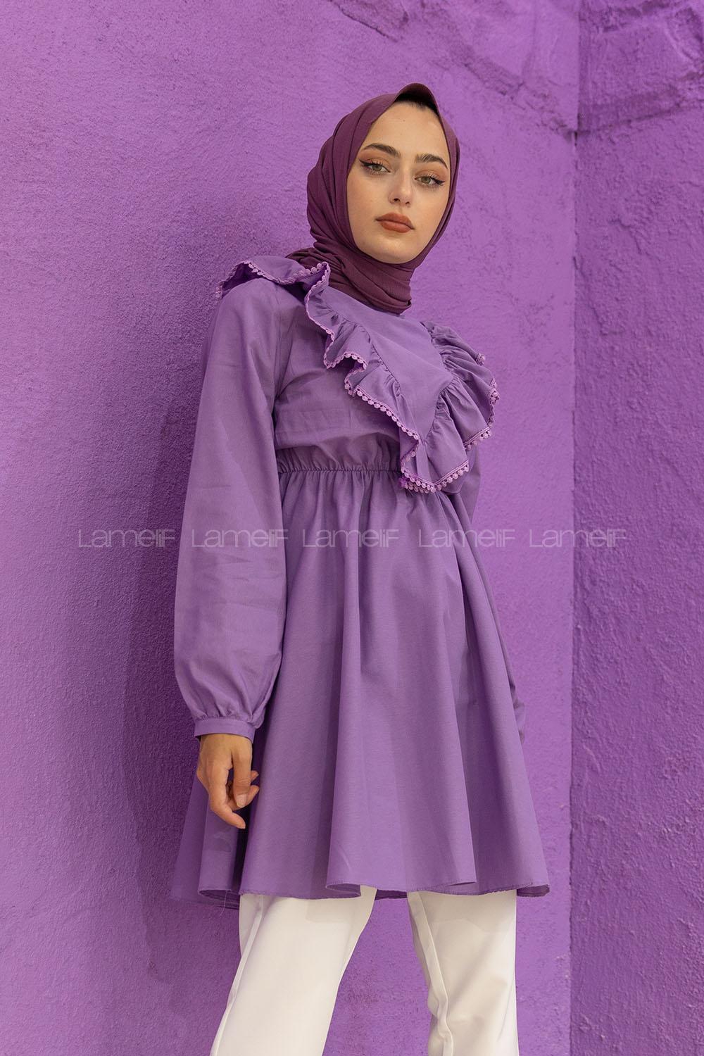 Modalamelif Beli Lastikli Fırfır Dantel Tunik Lila