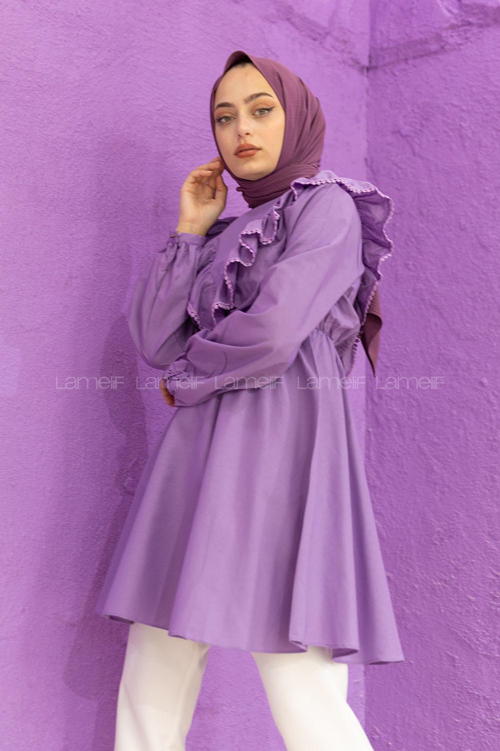 Modalamelif Beli Lastikli Fırfır Dantel Tunik Lila