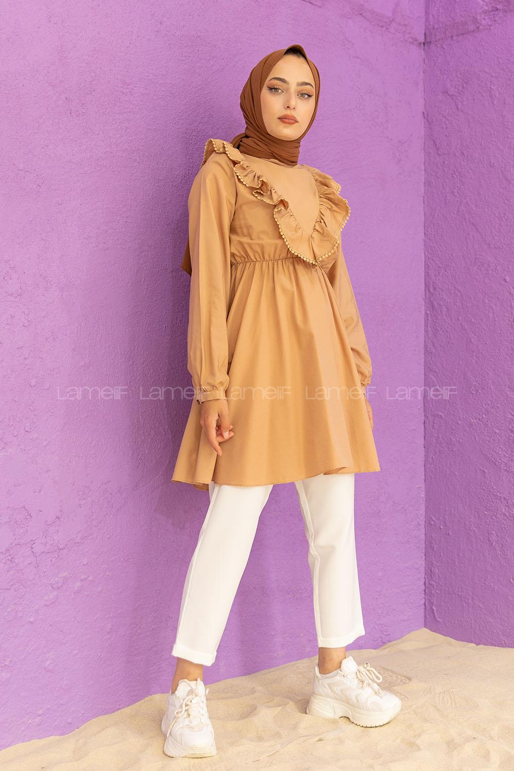 Modalamelif Beli Lastikli Fırfır Dantel Tunik Sütlü Kahve