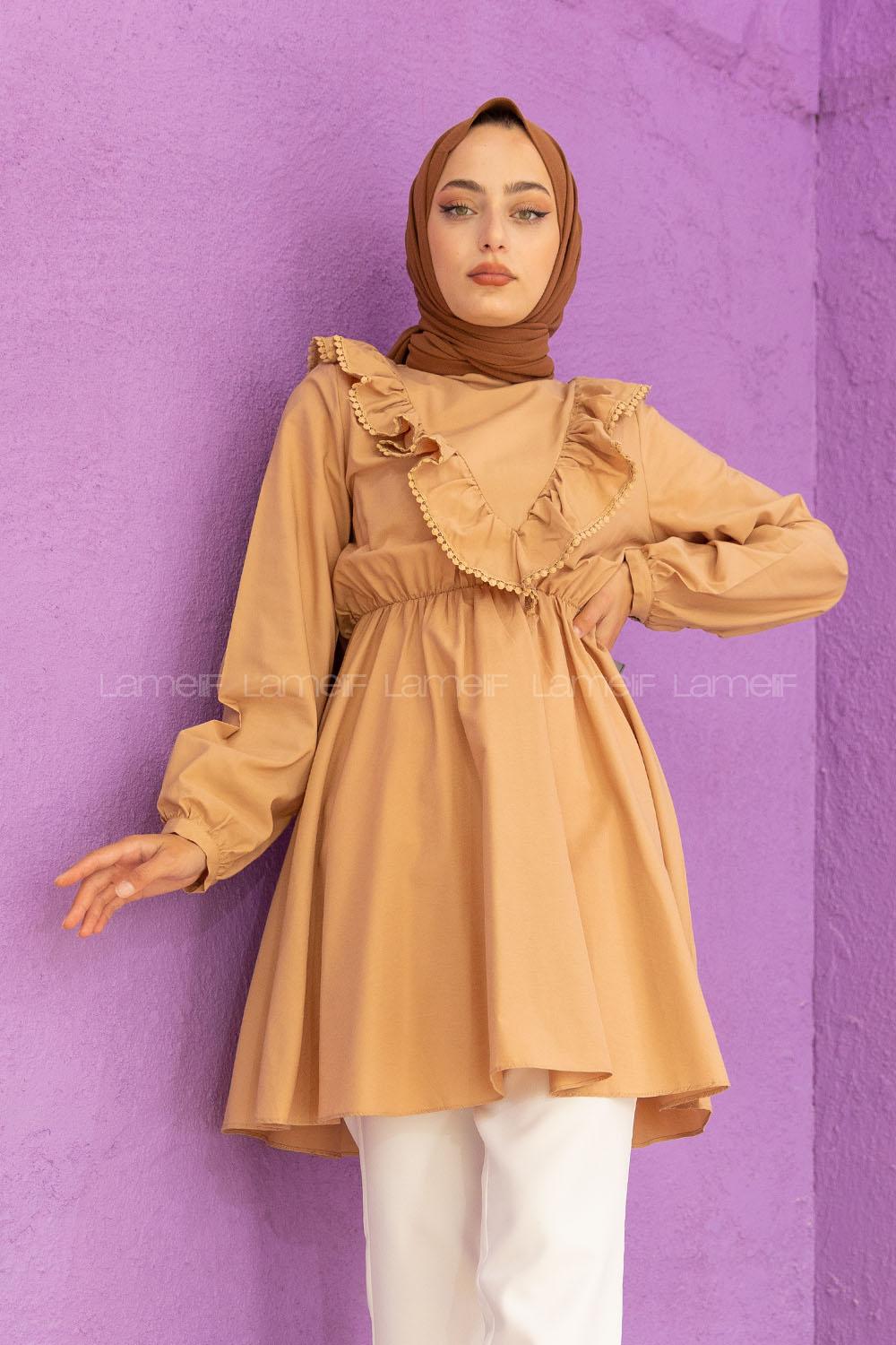 Modalamelif Beli Lastikli Fırfır Dantel Tunik Sütlü Kahve