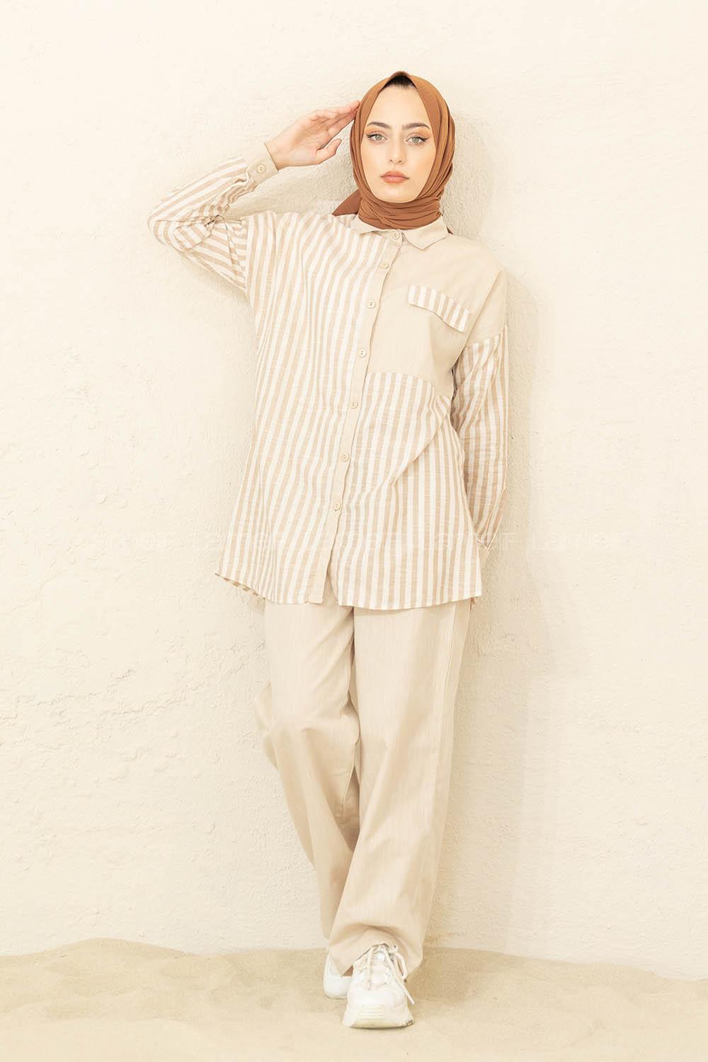 Modalamelif Çizgili İkili Takım Bej