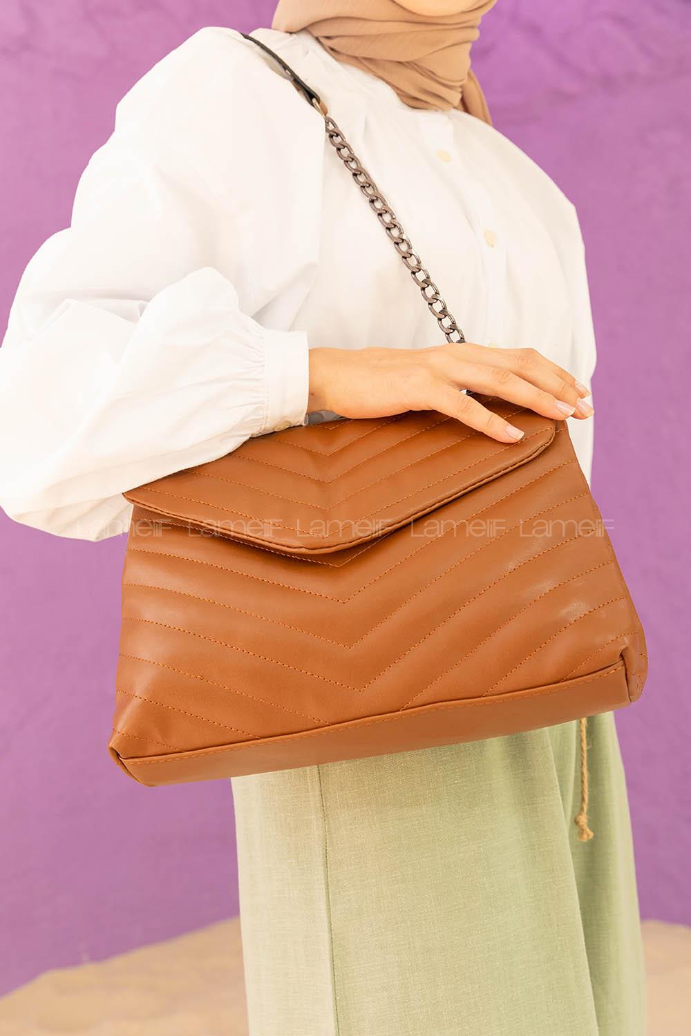 Modalamelif Dikişli Delbin Çapraz Çanta Taba