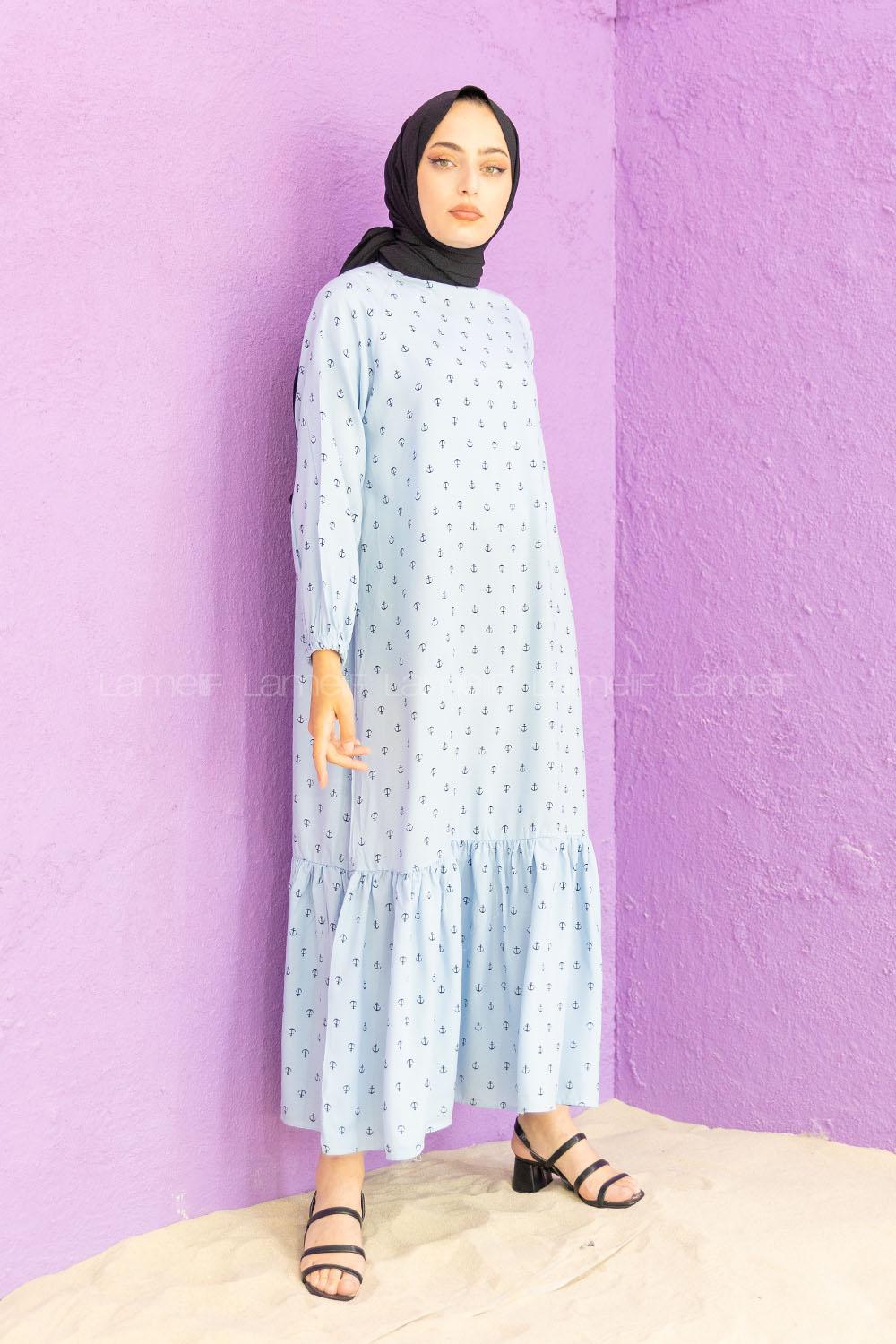 Modalamelif Kol Lastikli Desenli Elbise Açık Mavi