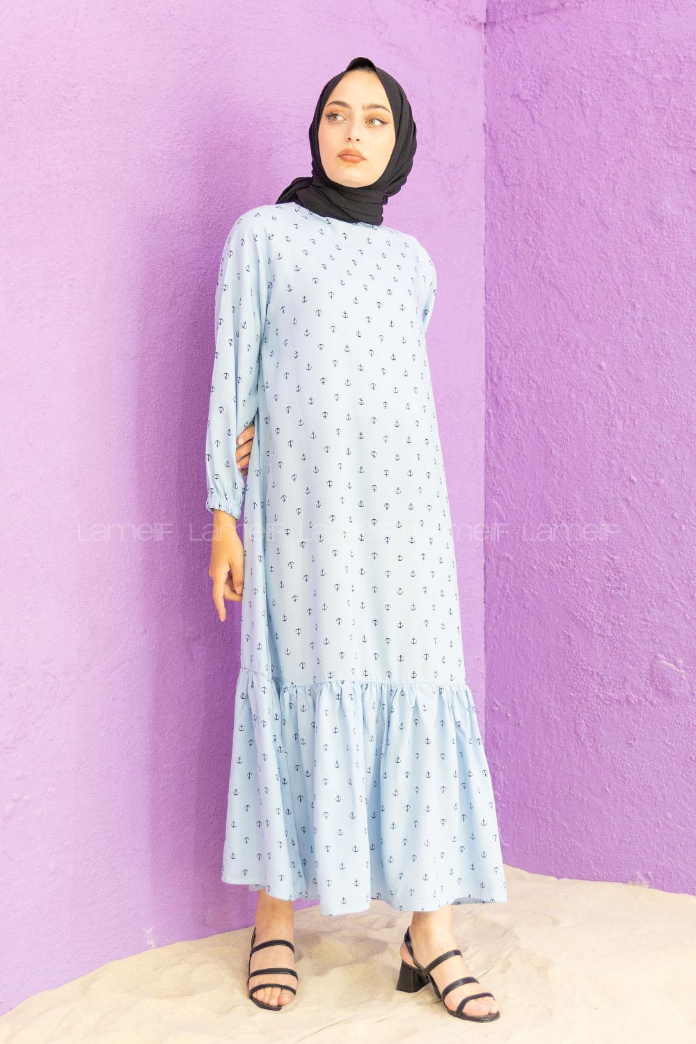 Modalamelif Kol Lastikli Desenli Elbise Açık Mavi