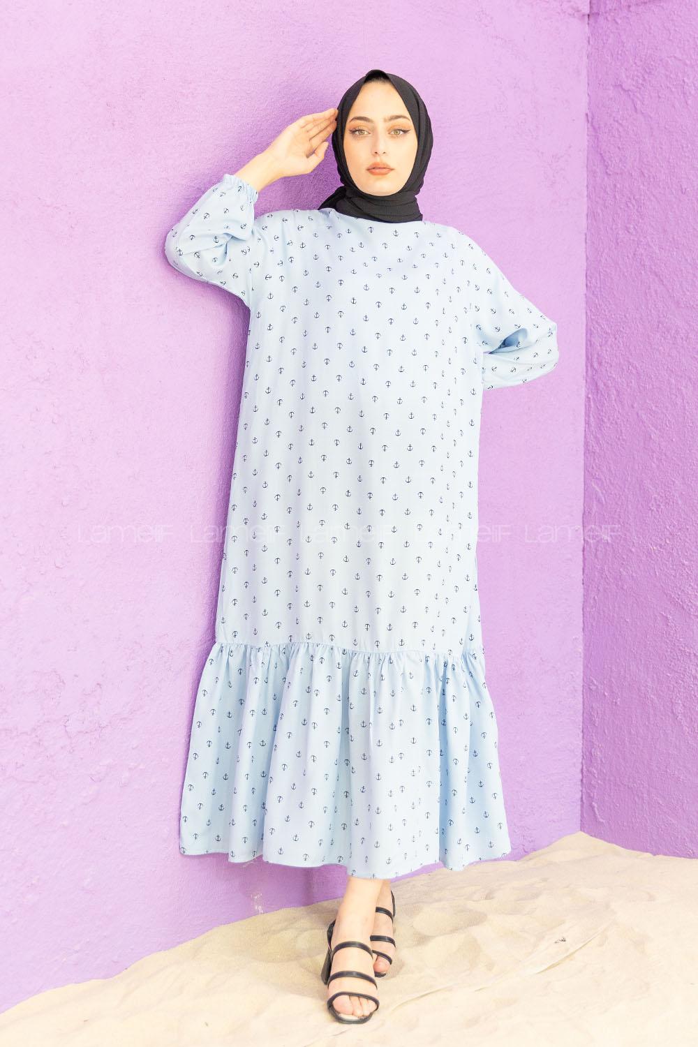 Modalamelif Kol Lastikli Desenli Elbise Açık Mavi