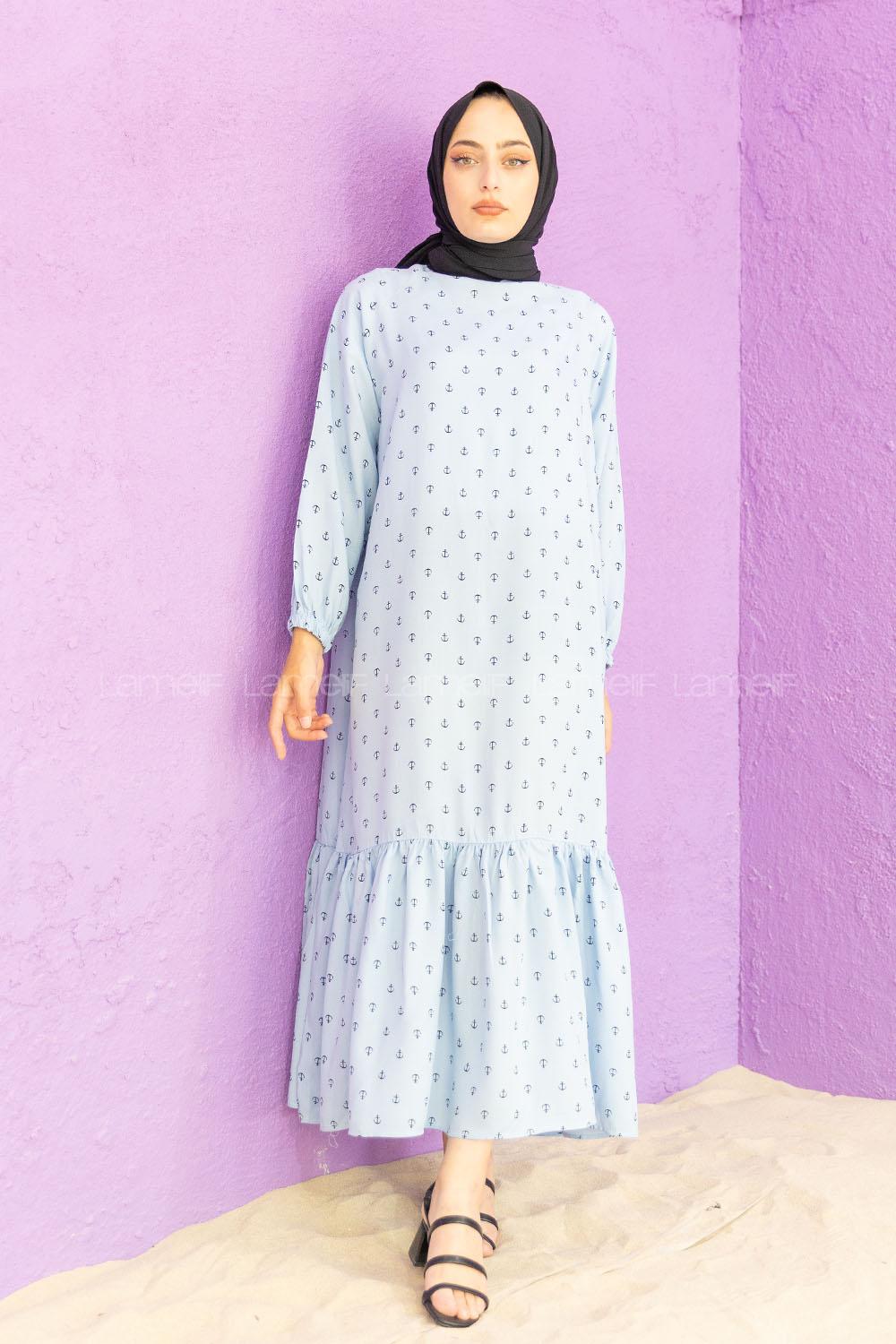 Modalamelif Kol Lastikli Desenli Elbise Açık Mavi