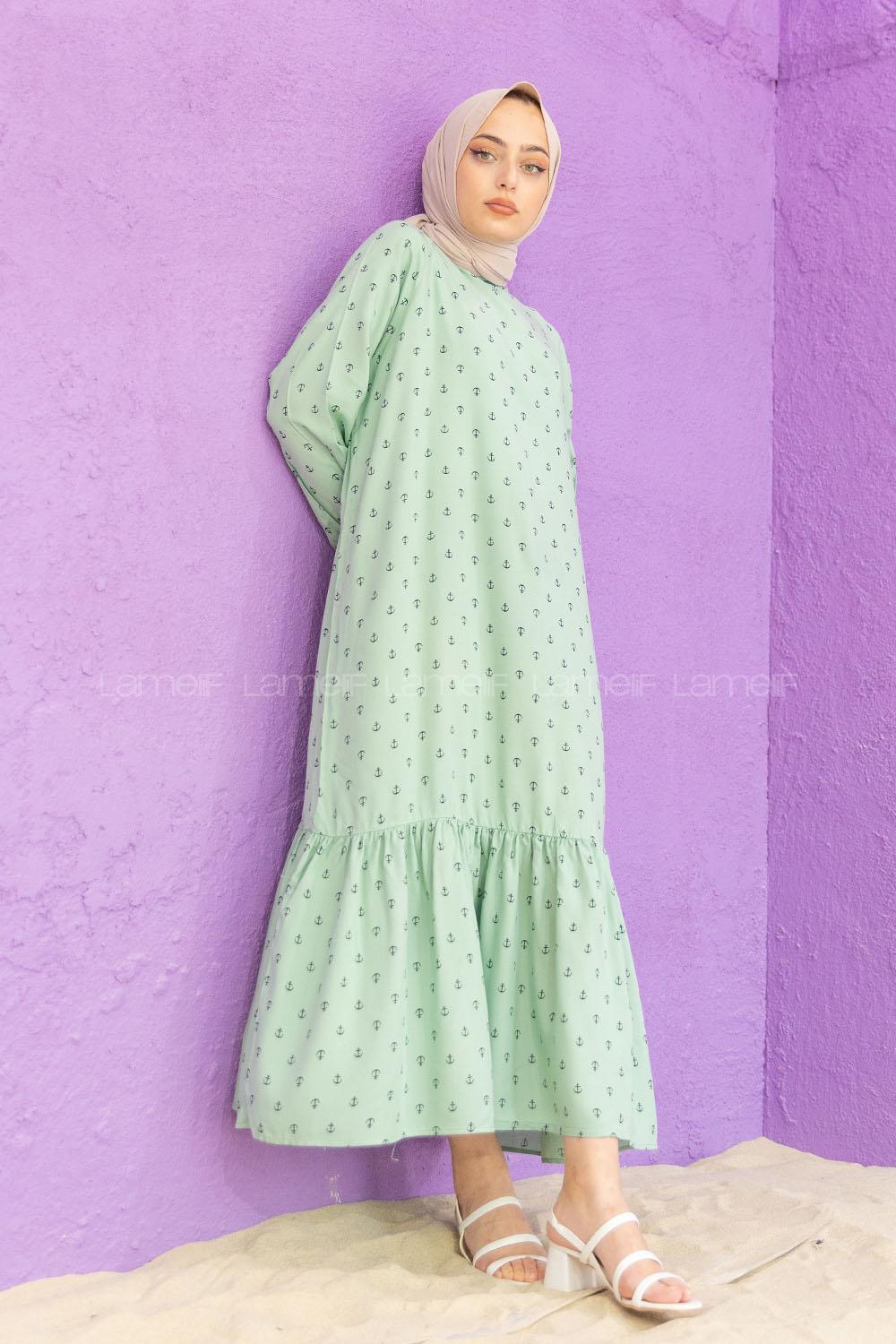 Modalamelif Kol Lastikli Desenli Elbise Çağla