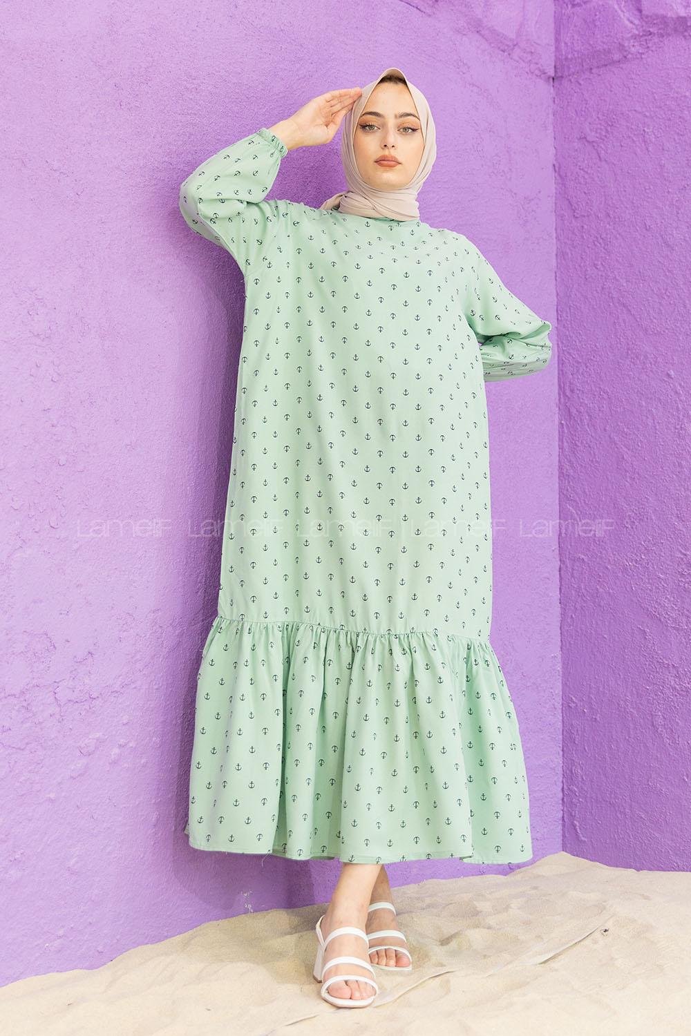 Modalamelif Kol Lastikli Desenli Elbise Çağla