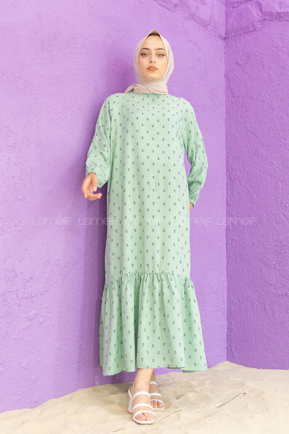 Modalamelif Kol Lastikli Desenli Elbise Çağla