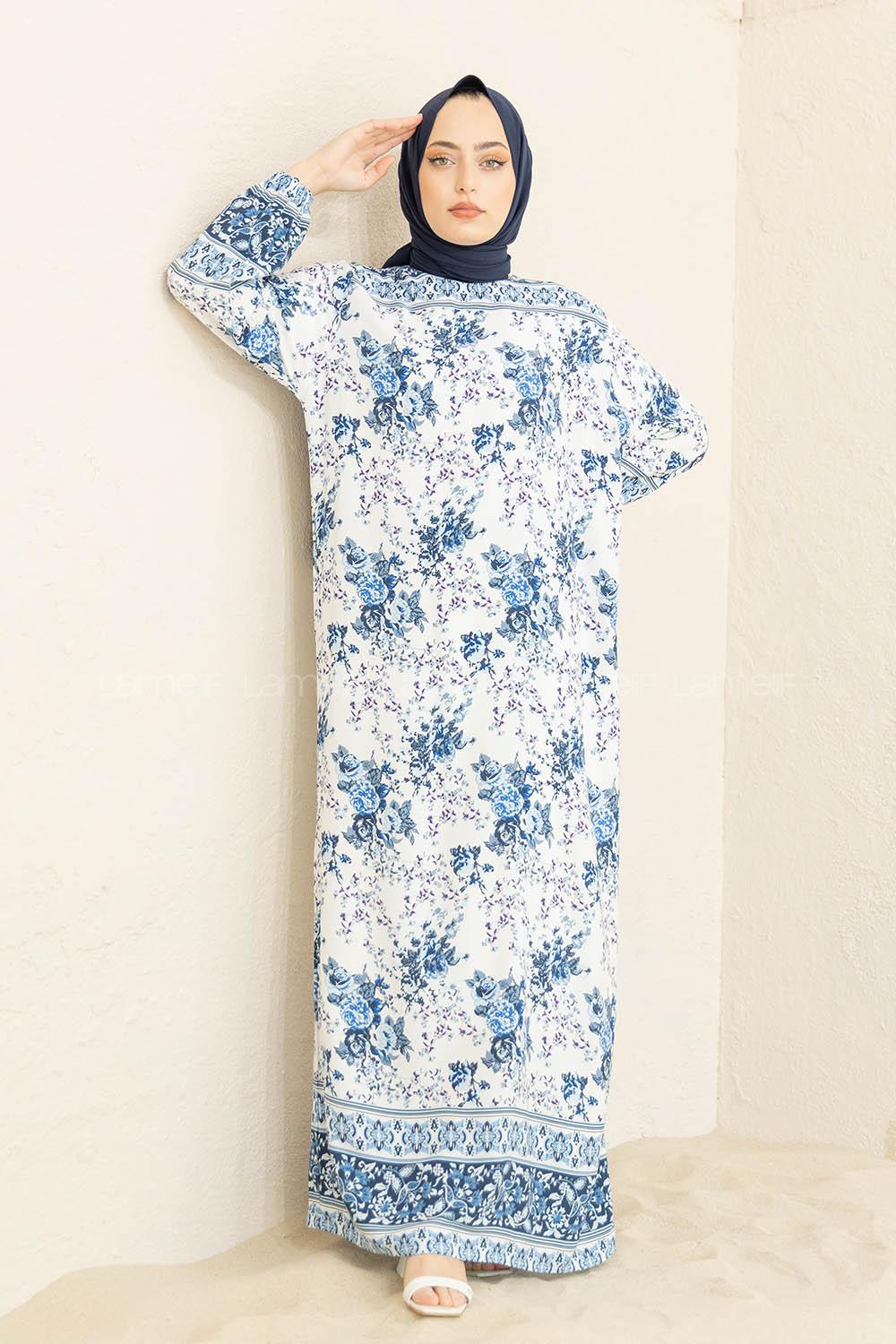 Modalamelif Kol Lastikli Desenli Elbise Ekru Mavi