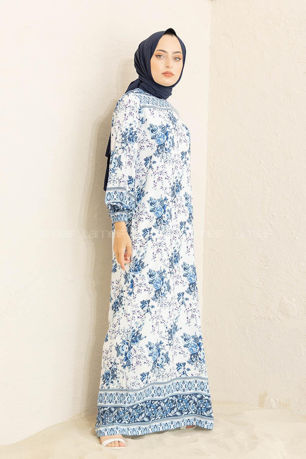 Modalamelif Kol Lastikli Desenli Elbise Ekru Mavi