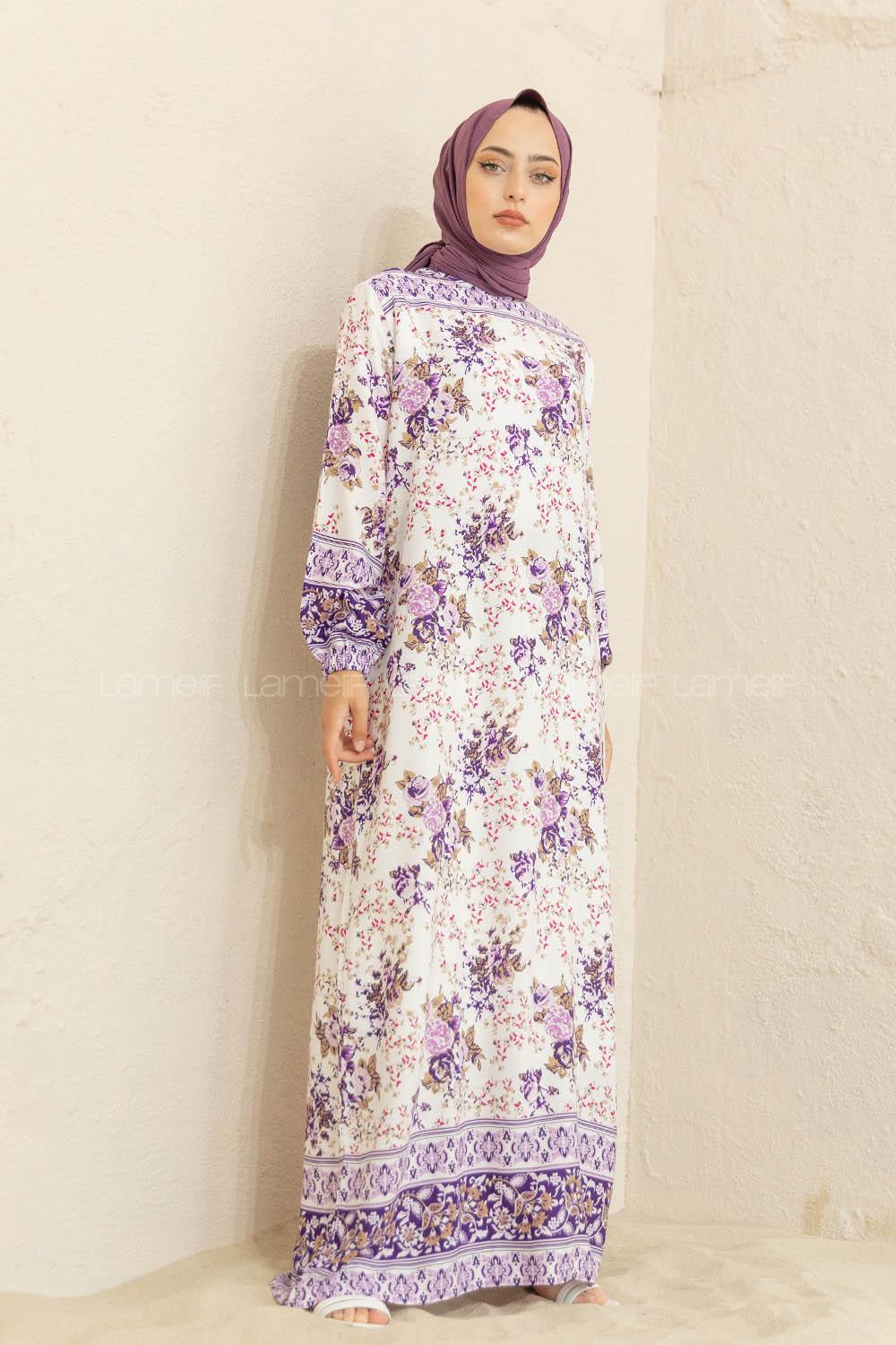 Modalamelif Kol Lastikli Desenli Elbise Mor