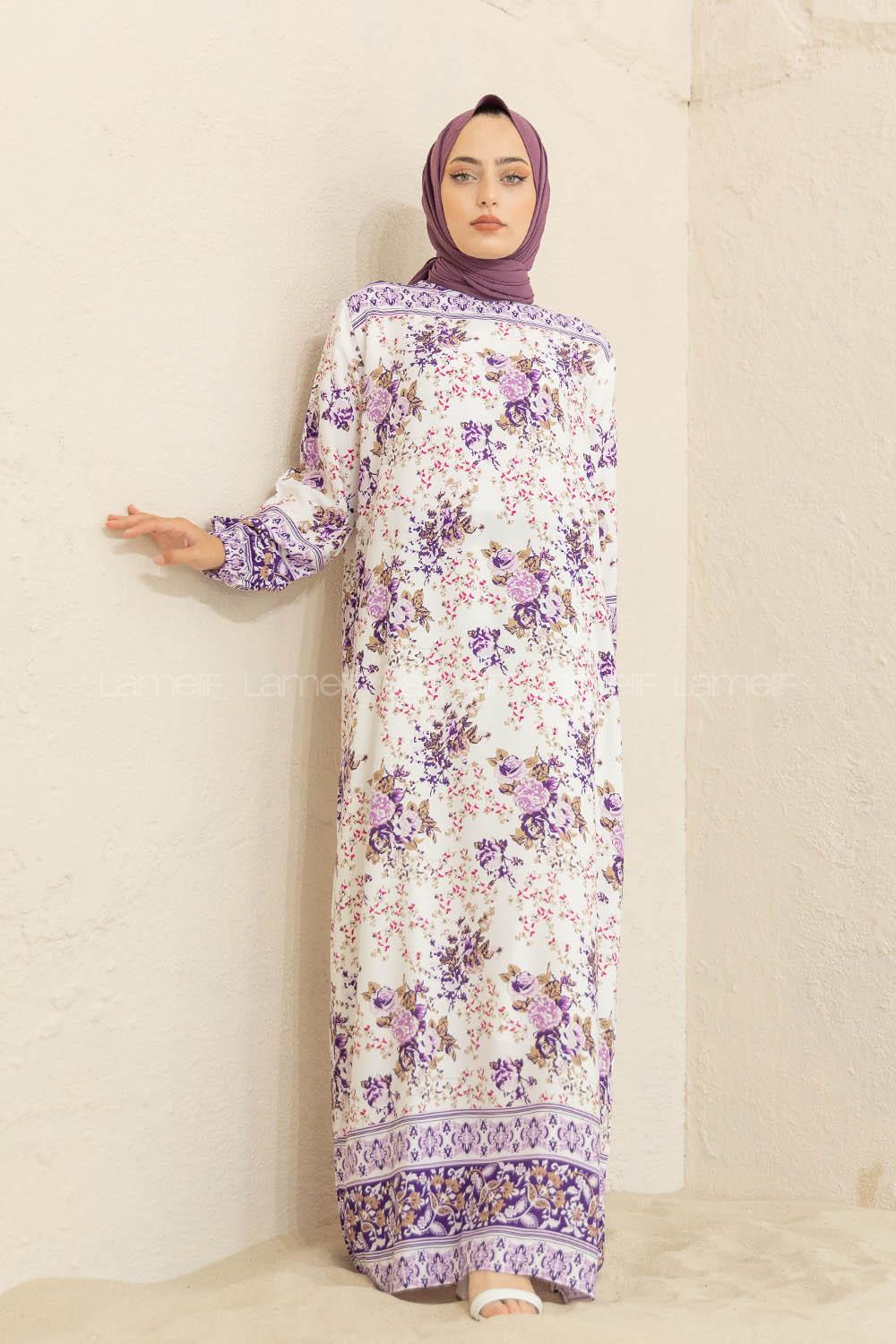 Modalamelif Kol Lastikli Desenli Elbise Mor