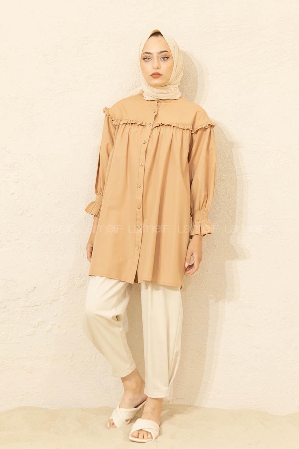 Modalamelif Kol Lastikli Önü Pileli Tunik Sütlü Kahve