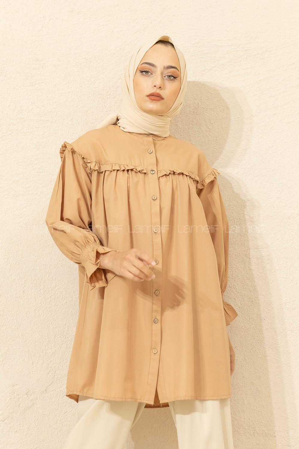 Modalamelif Kol Lastikli Önü Pileli Tunik Sütlü Kahve