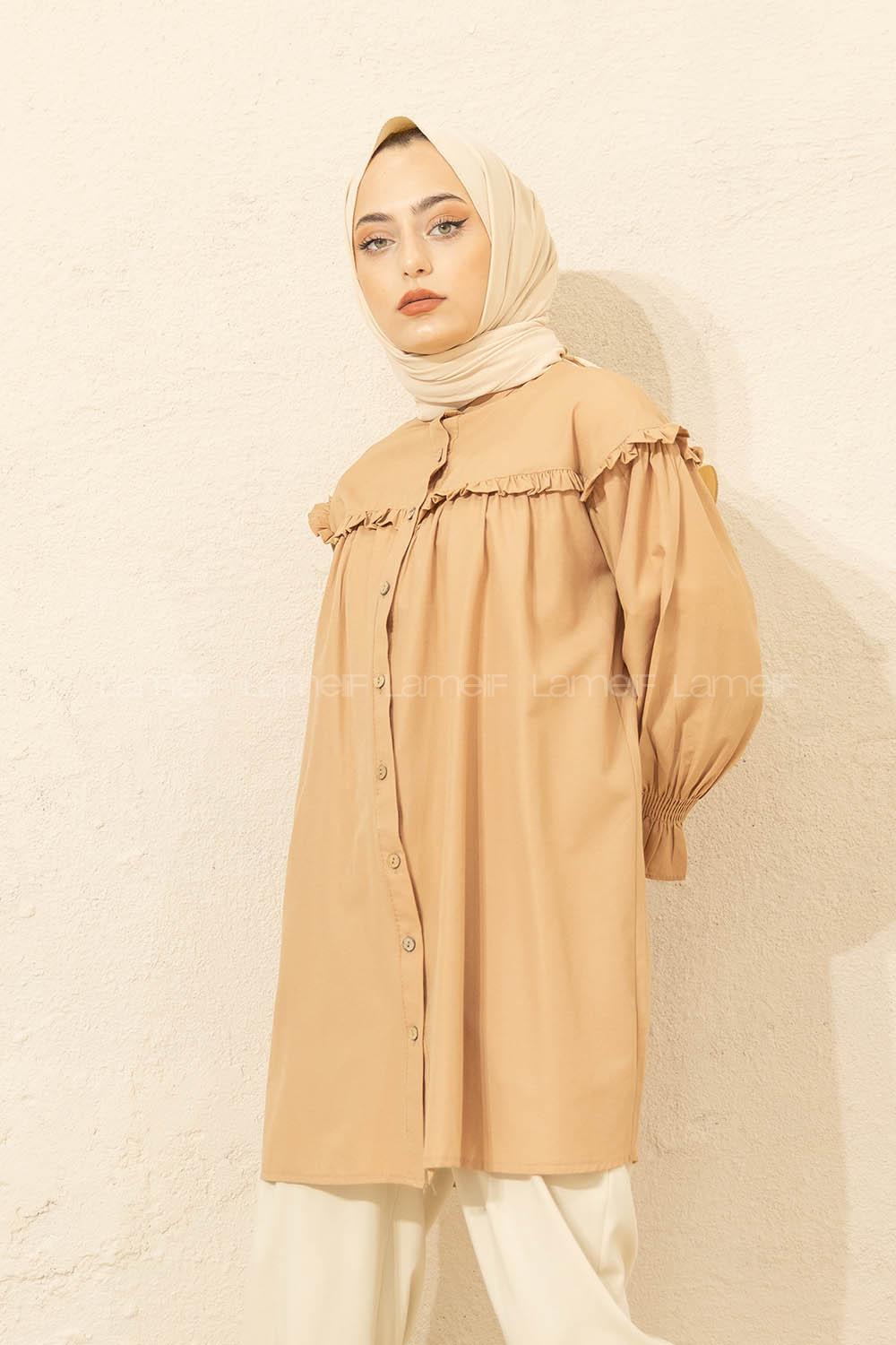 Modalamelif Kol Lastikli Önü Pileli Tunik Sütlü Kahve