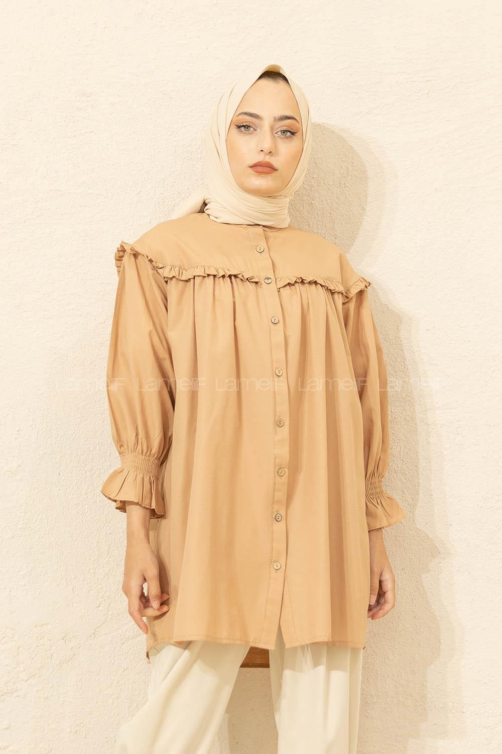 Modalamelif Kol Lastikli Önü Pileli Tunik Sütlü Kahve