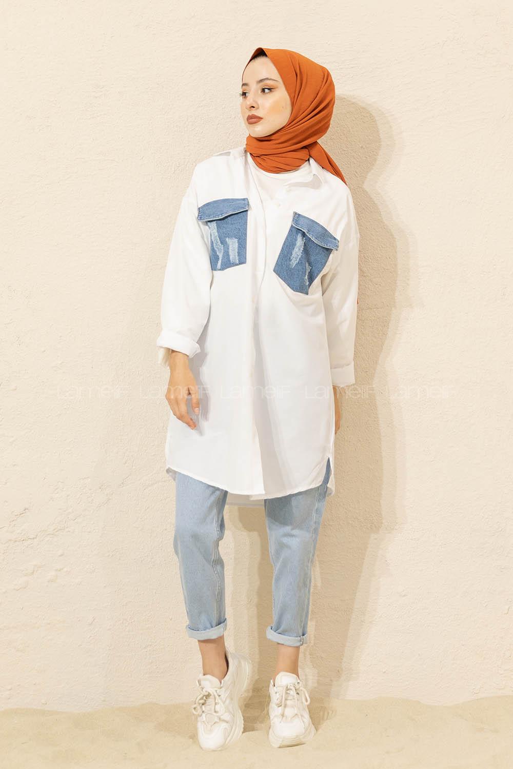 Modalamelif Kot Garnili Gömlek Beyaz